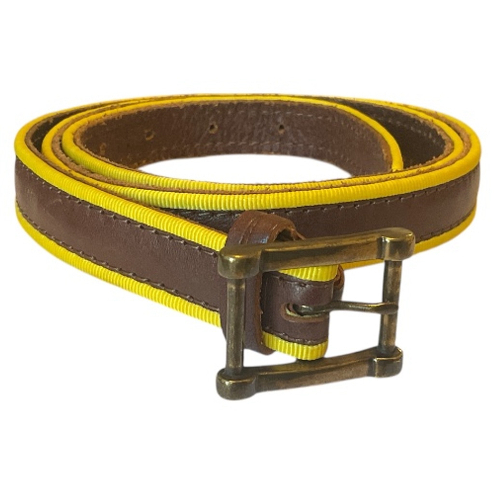 Linea Pelle Brown Leather yellow grosgrain Ribbon trim Belt size M - Picture 2 of 9